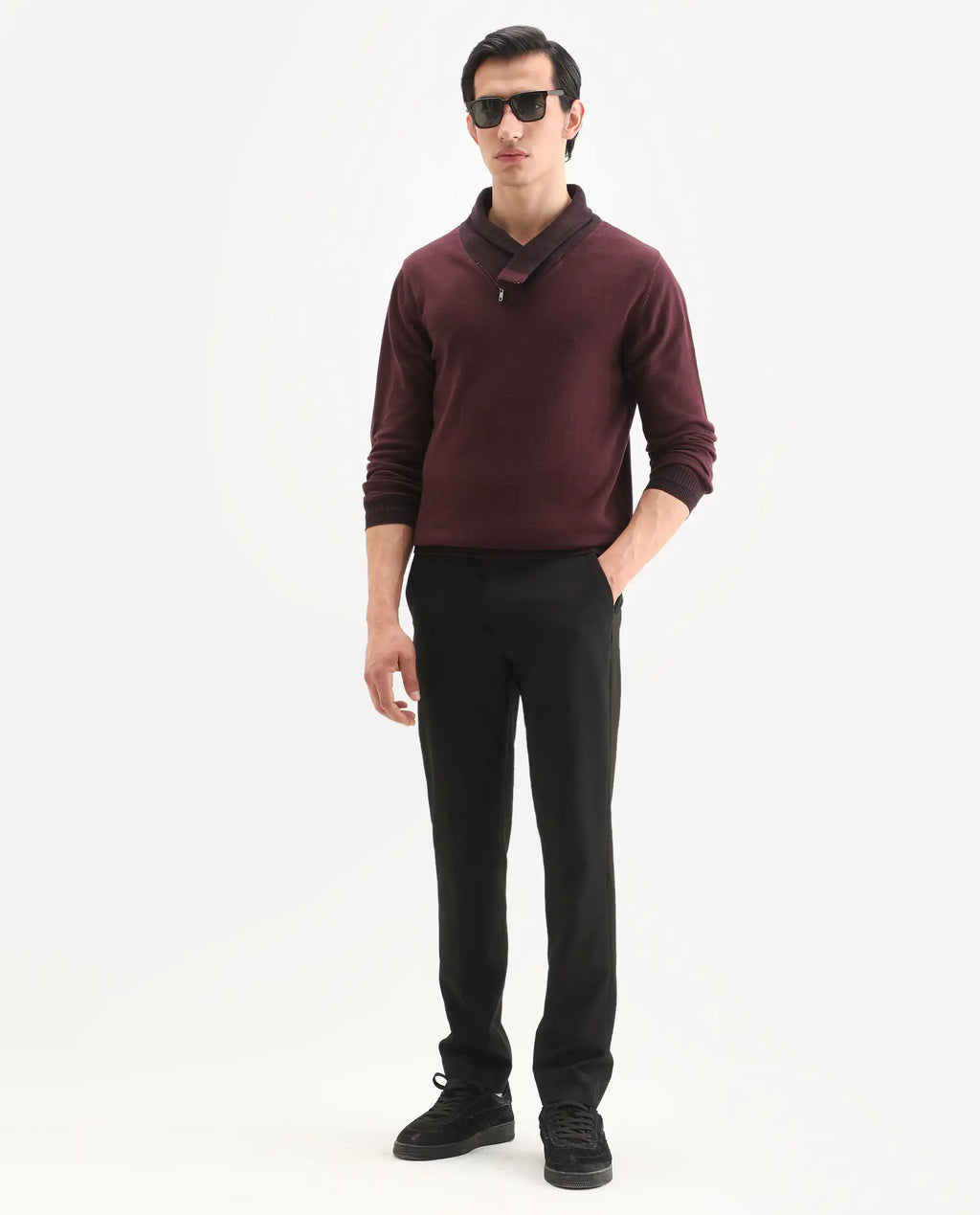 Rare Rabbit Men's Denver Brown Cotton Plain Regular Fit Full Sleeve Shawl Neck Sweater