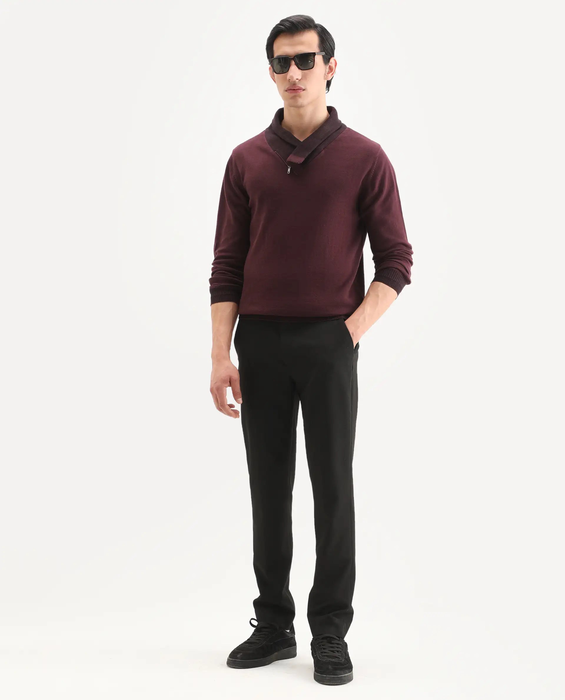 Rare Rabbit Men's Denver Brown Cotton Plain Regular Fit Full Sleeve Shawl Neck Sweater