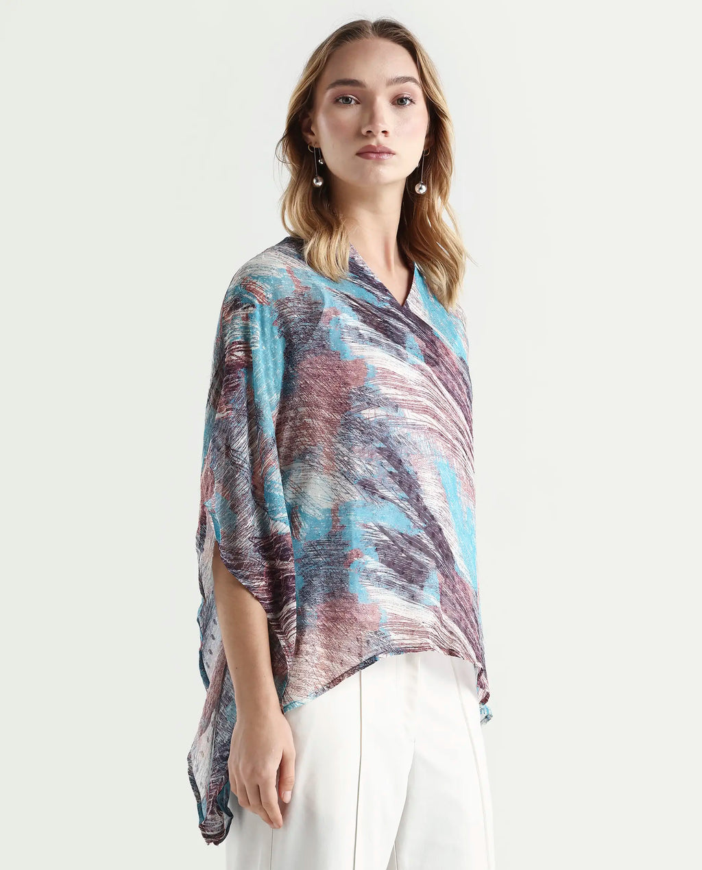 Rareism Women's Sayne Blue Polyester V-Neck Abstract Print Kimono Sleeve Regular Fit Top