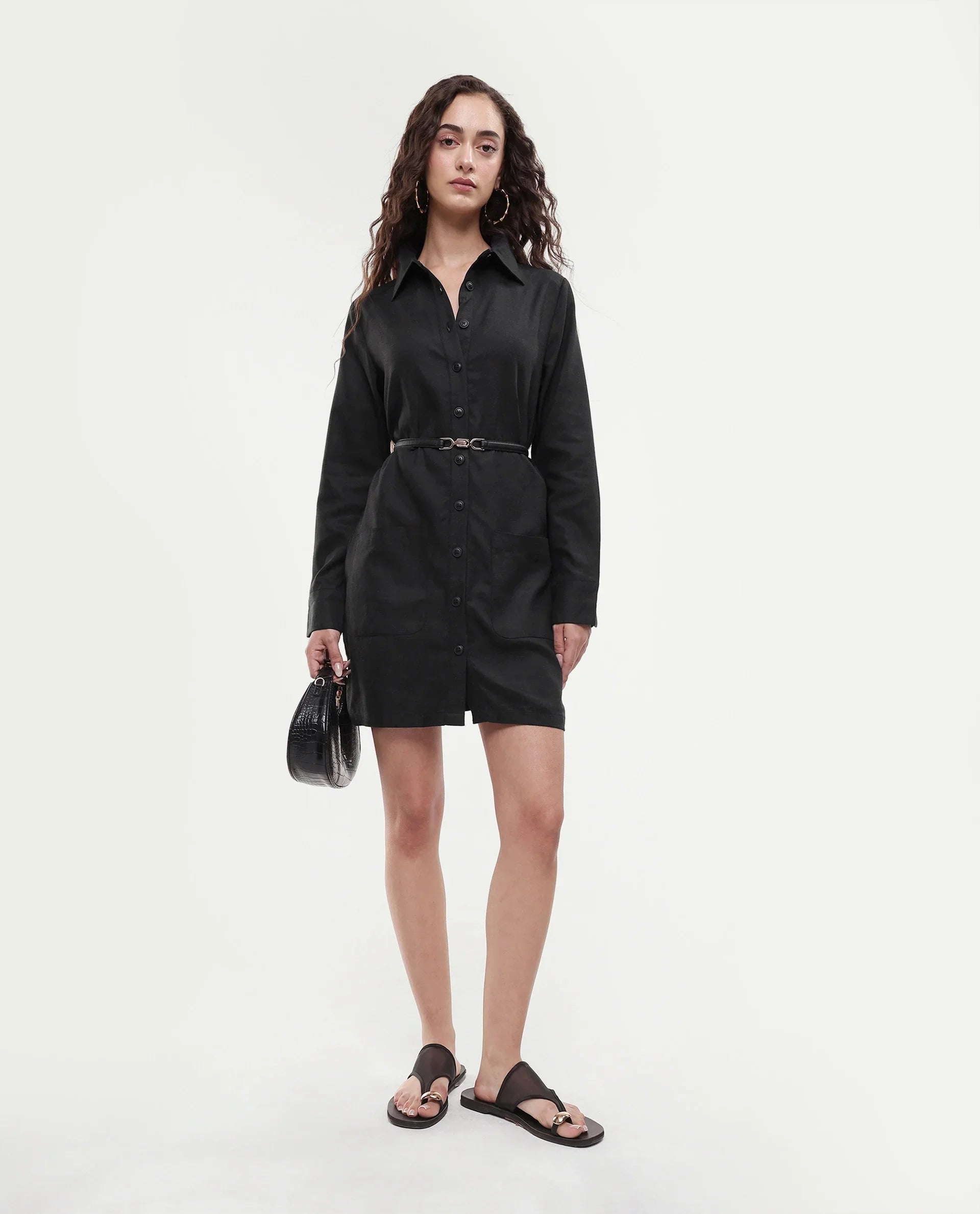 Rareism Women's Pricot Black Polyester Spread Collar Plain Cuffed Sleeve Mini Regular Fit Dress
