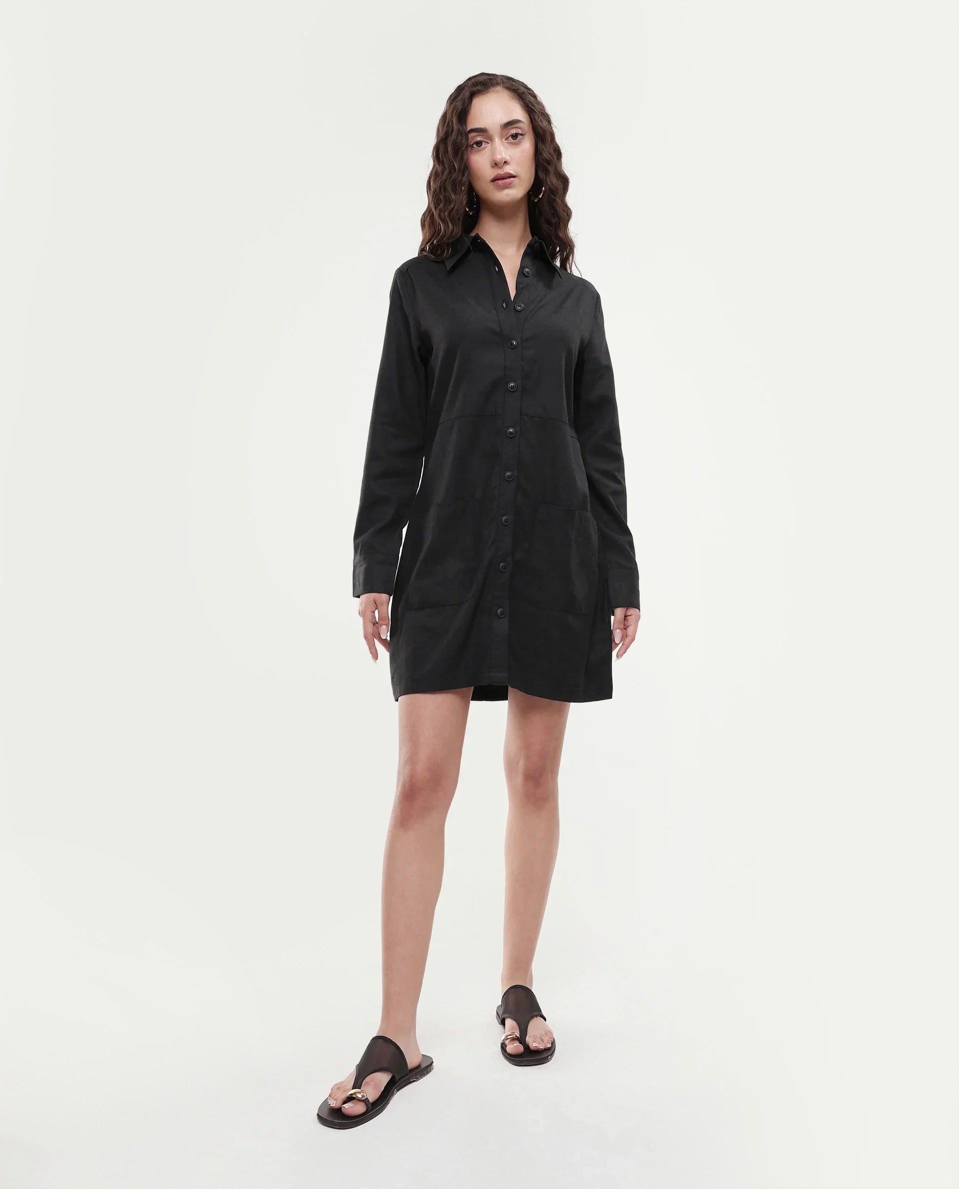 Rareism Women's Pricot Black Polyester Spread Collar Plain Cuffed Sleeve Mini Regular Fit Dress