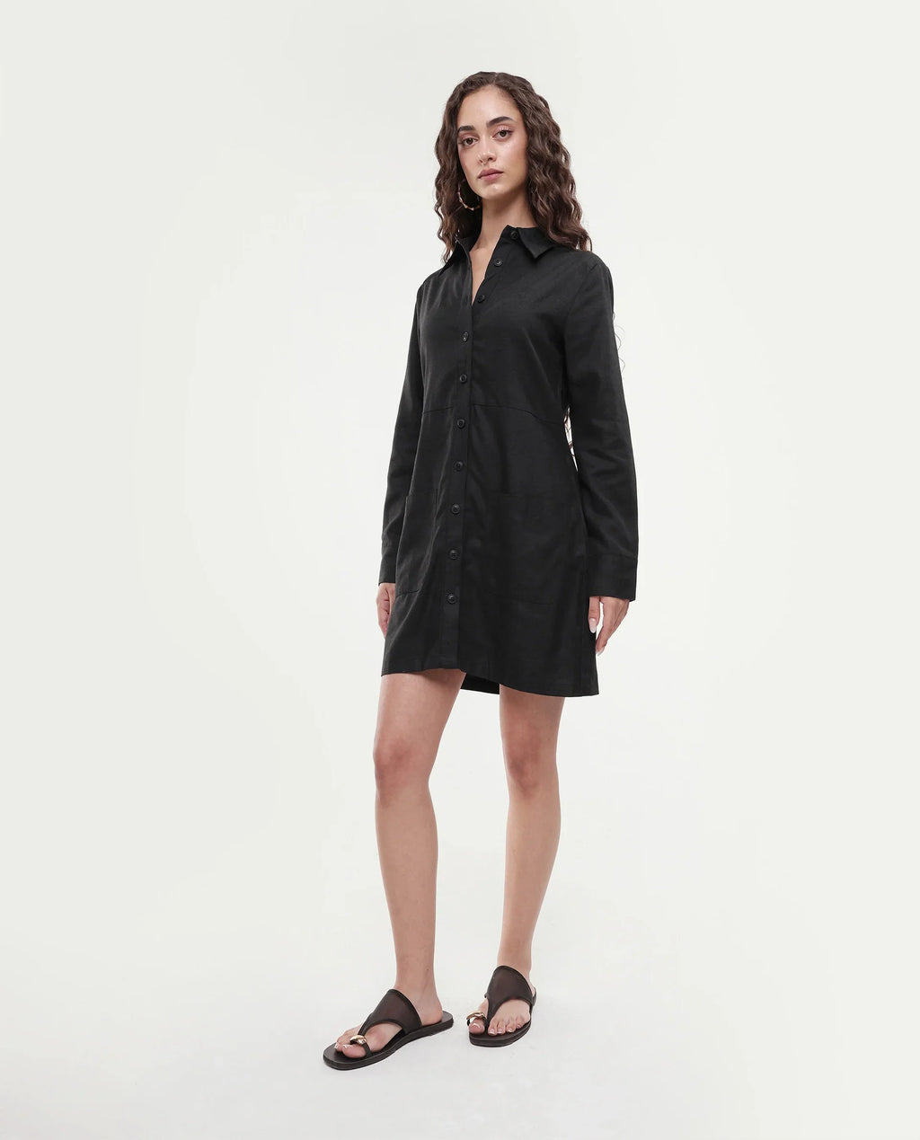 Rareism Women's Pricot Black Polyester Spread Collar Plain Cuffed Sleeve Mini Regular Fit Dress