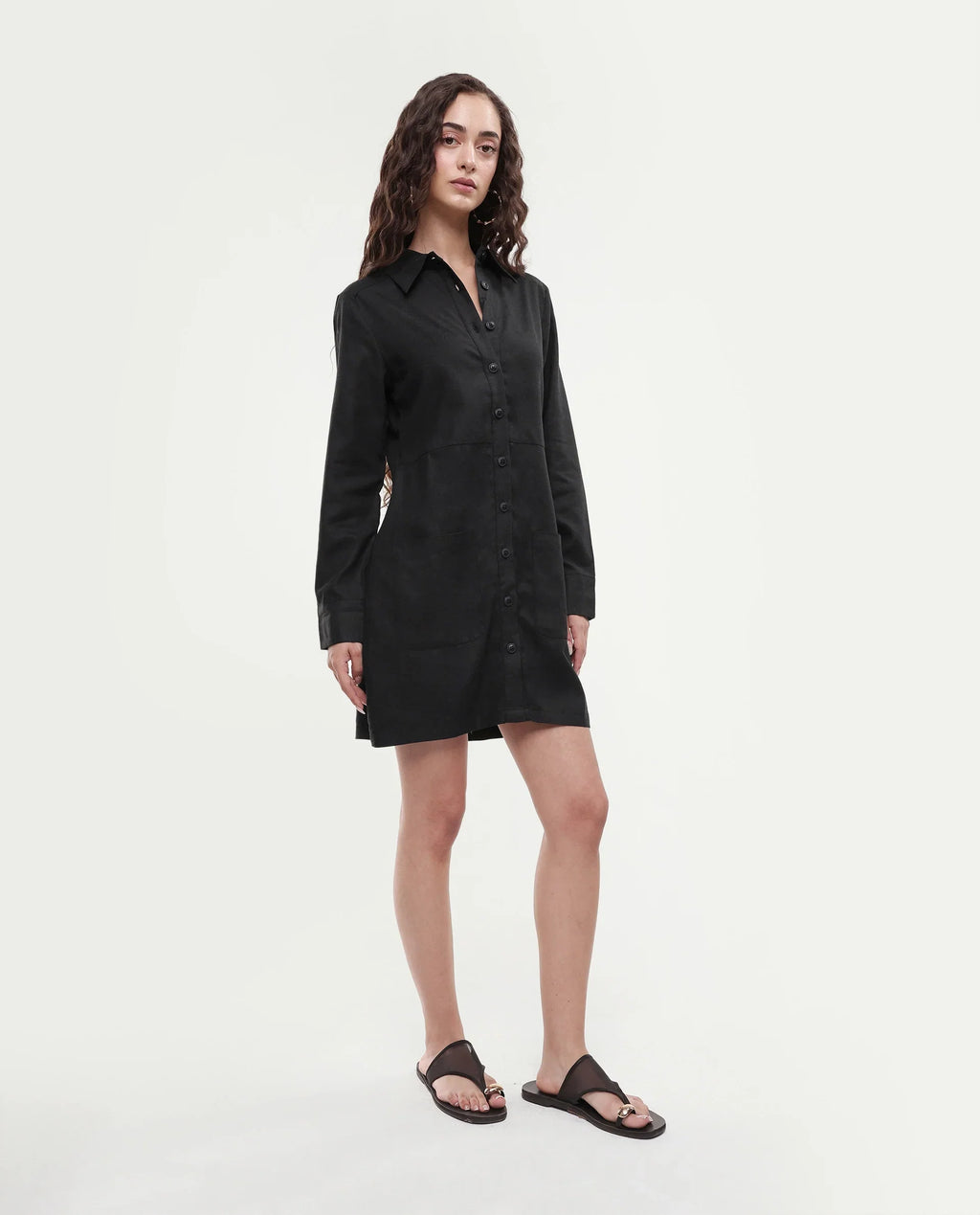 Rareism Women's Pricot Black Polyester Spread Collar Plain Cuffed Sleeve Mini Regular Fit Dress