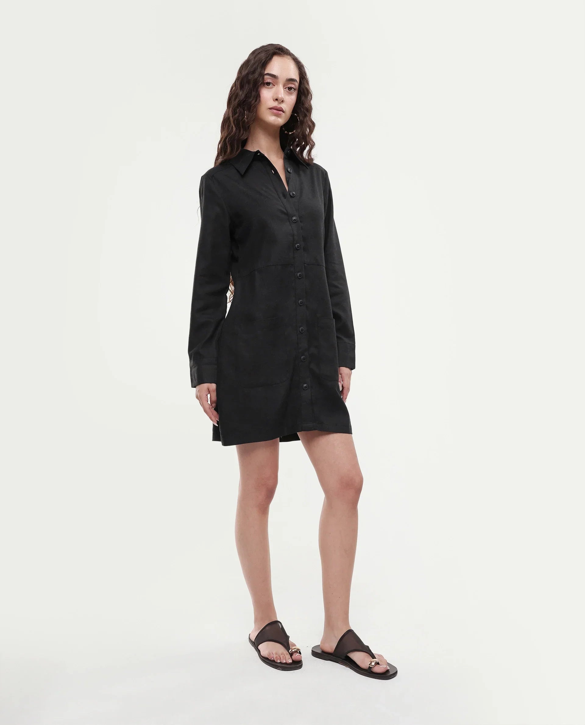 Rareism Women's Pricot Black Polyester Spread Collar Plain Cuffed Sleeve Mini Regular Fit Dress