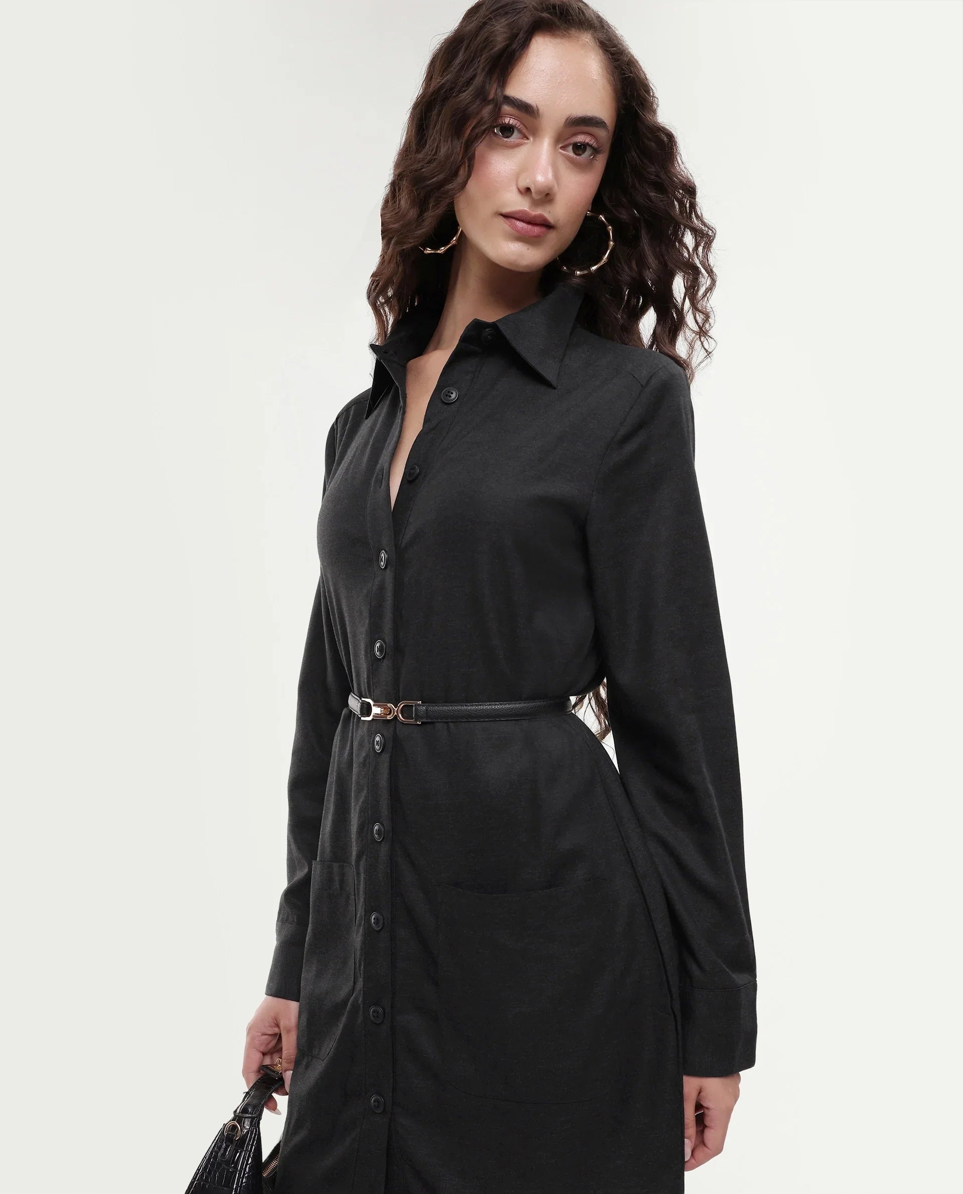 Rareism Women's Pricot Black Polyester Spread Collar Plain Cuffed Sleeve Mini Regular Fit Dress