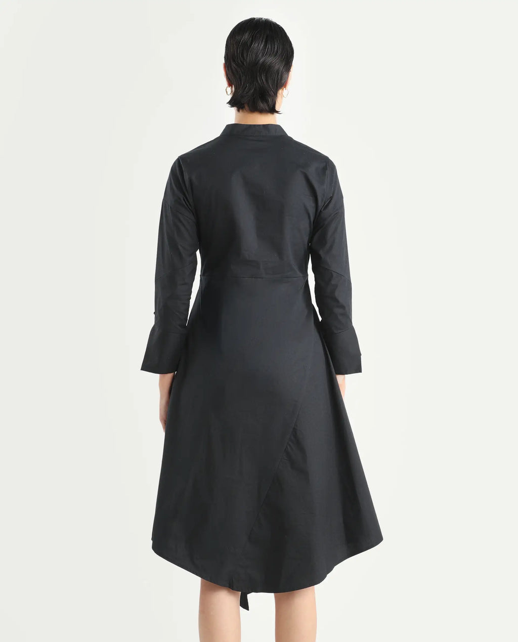 Rareism Women's Beetal Black Polyester Blend Mandarin Collar Plain Cuffed Sleeve Midi Regular Fit Dress