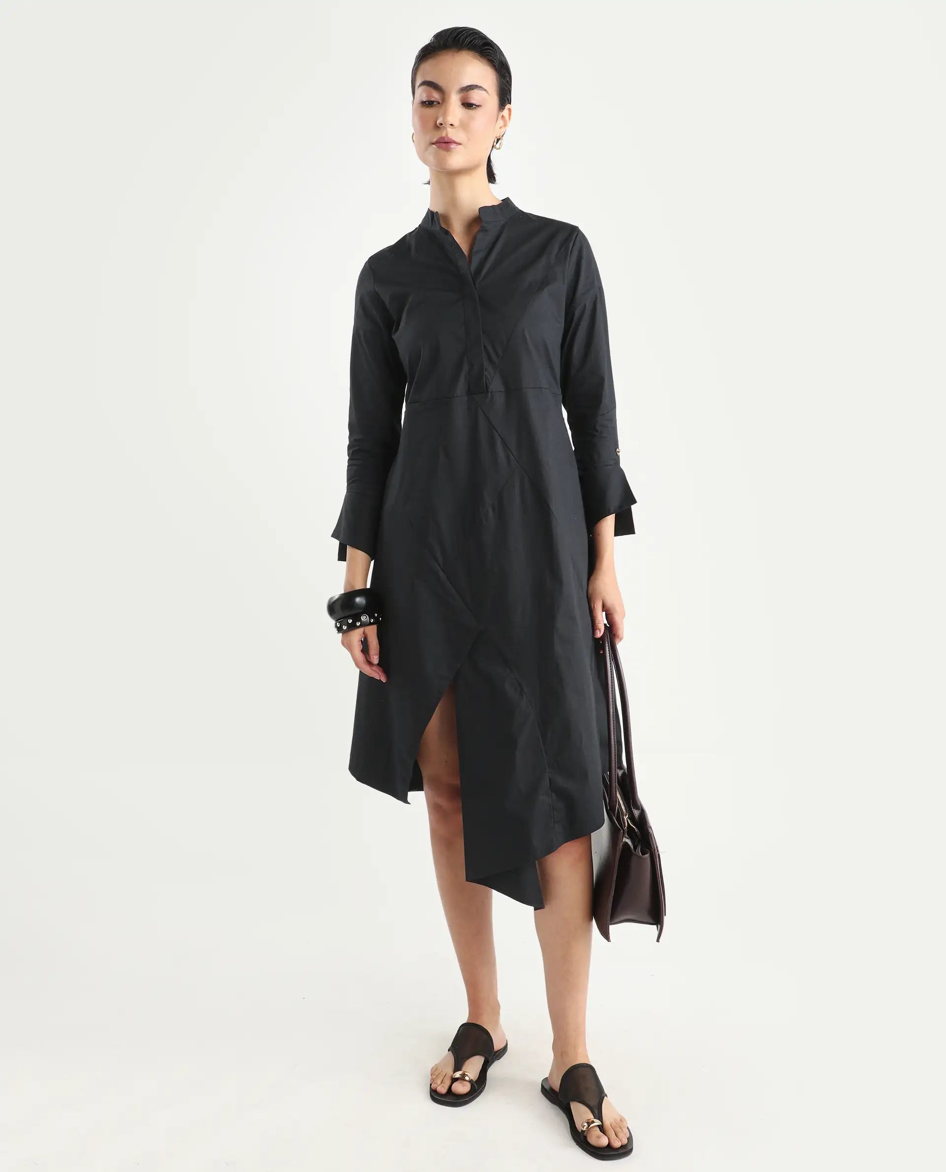 Rareism Women's Beetal Black Polyester Blend Mandarin Collar Plain Cuffed Sleeve Midi Regular Fit Dress