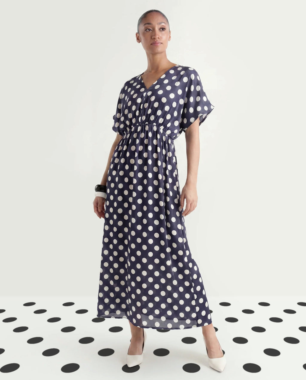 Rareism Women's Wicked Blue Modal Blend V-Neck Polka Print Extended Sleeves Maxi Regular Fit Dress