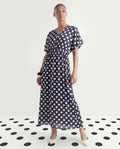 Rareism Women's Wicked Blue Modal Blend V-Neck Polka Print Extended Sleeves Maxi Regular Fit Dress