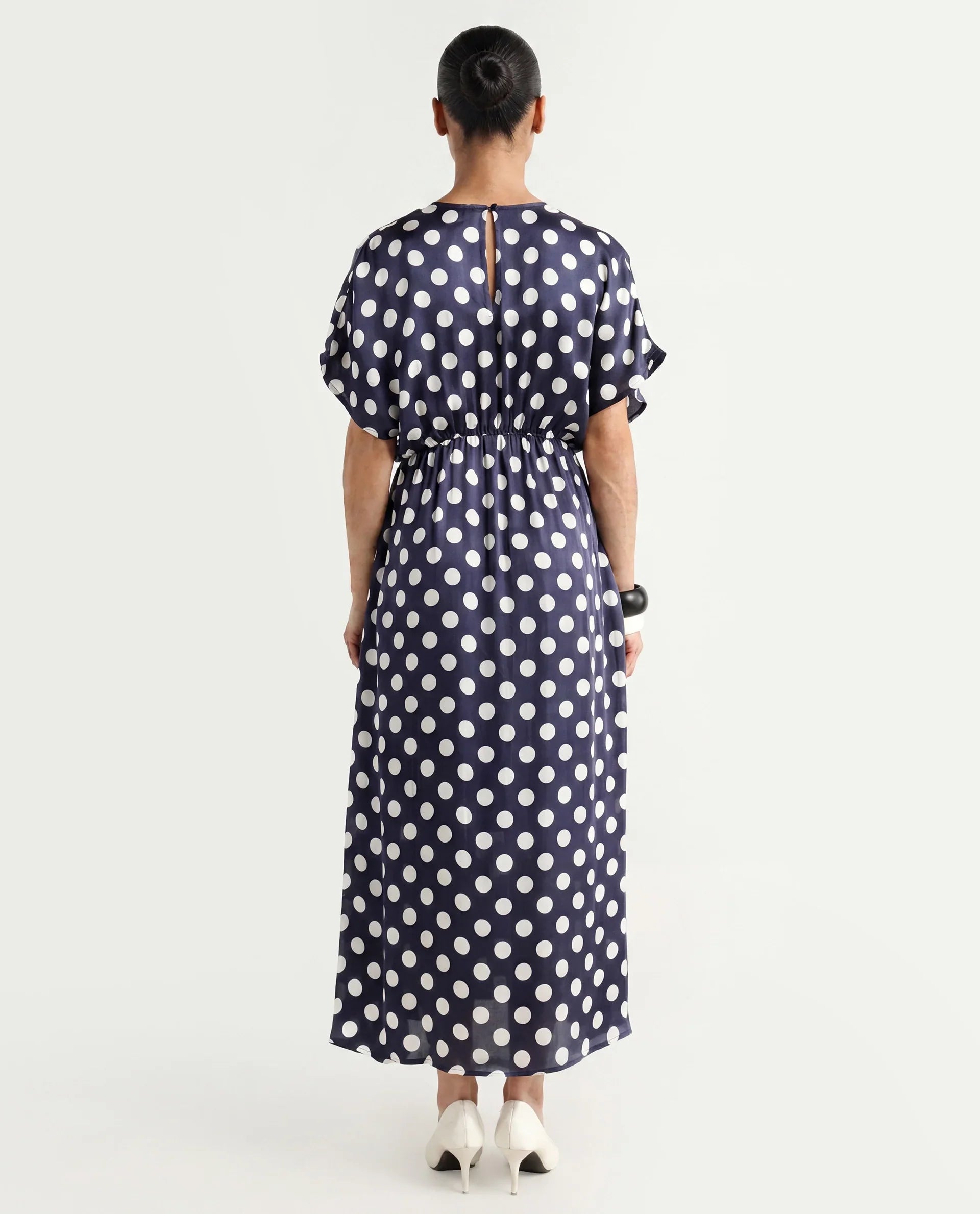 Rareism Women's Wicked Blue Modal Blend V-Neck Polka Print Extended Sleeves Maxi Regular Fit Dress