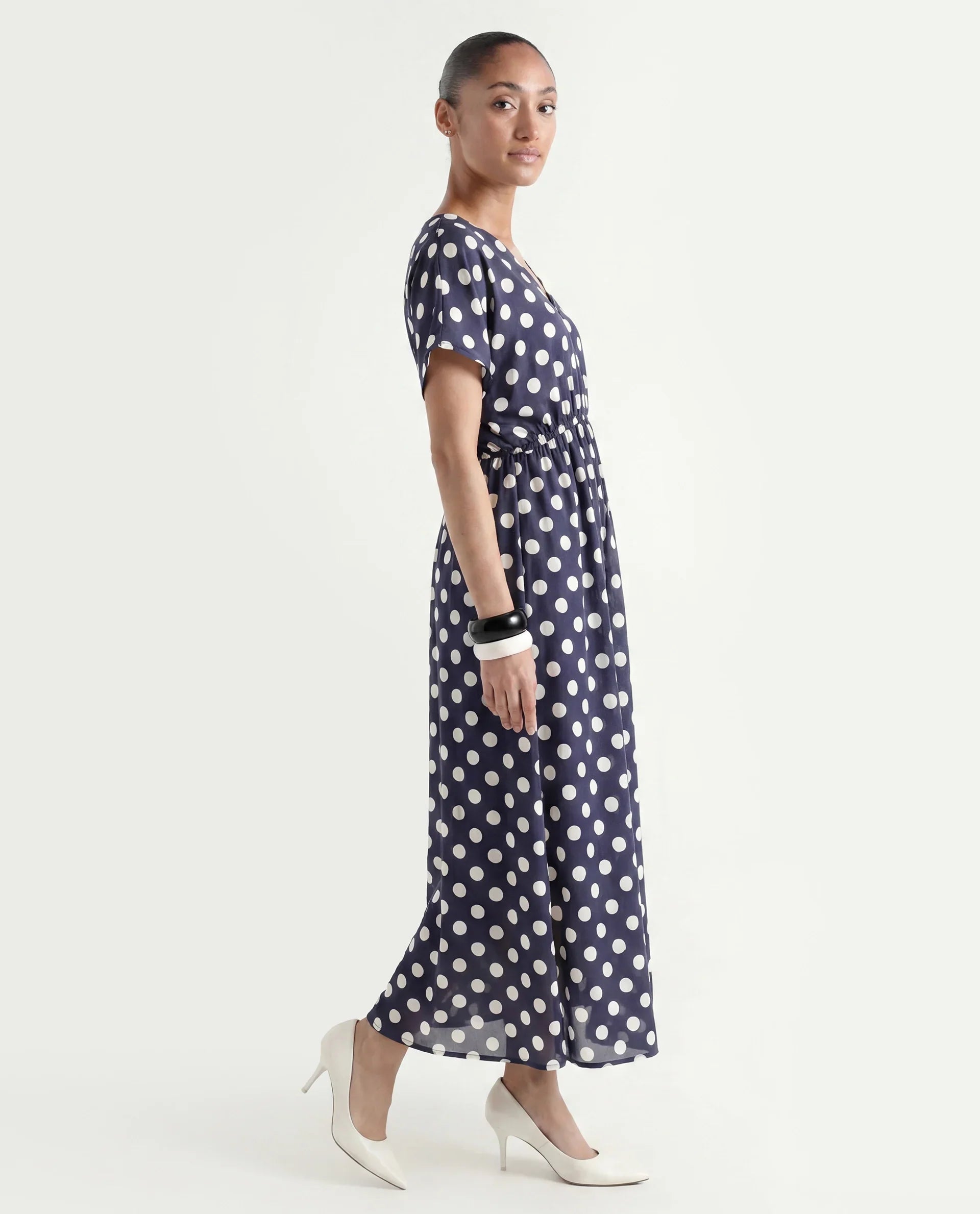 Rareism Women's Wicked Blue Modal Blend V-Neck Polka Print Extended Sleeves Maxi Regular Fit Dress
