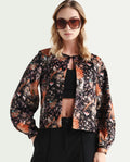 Rareism Women's Zamp Black Velvet Collarless Floral Print Volume Sleeve Regular Fit Shrug