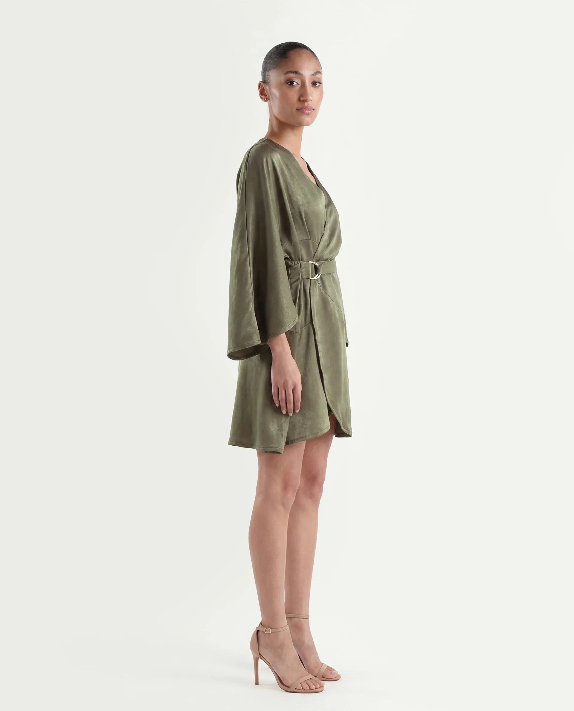 Rareism Women's Alapeno Dark Olive Polyester Overlap Neck Plain Bell Sleeve Mini Fit And Flare Dress