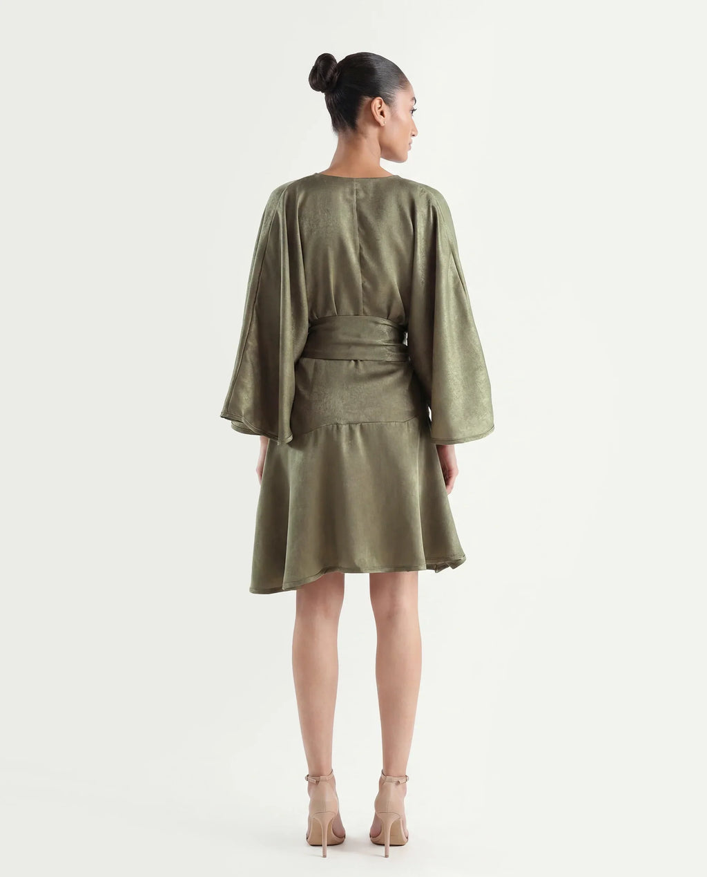 Rareism Women's Alapeno Dark Olive Polyester Overlap Neck Plain Bell Sleeve Mini Fit And Flare Dress
