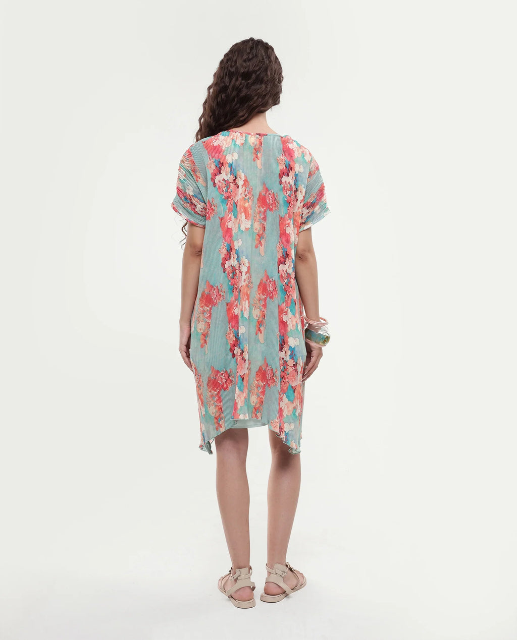 Rareism Women's Dellusion Multi Polyester Blend V-Neck Floral Print Extended Sleeves Mini Asymmetric Dress