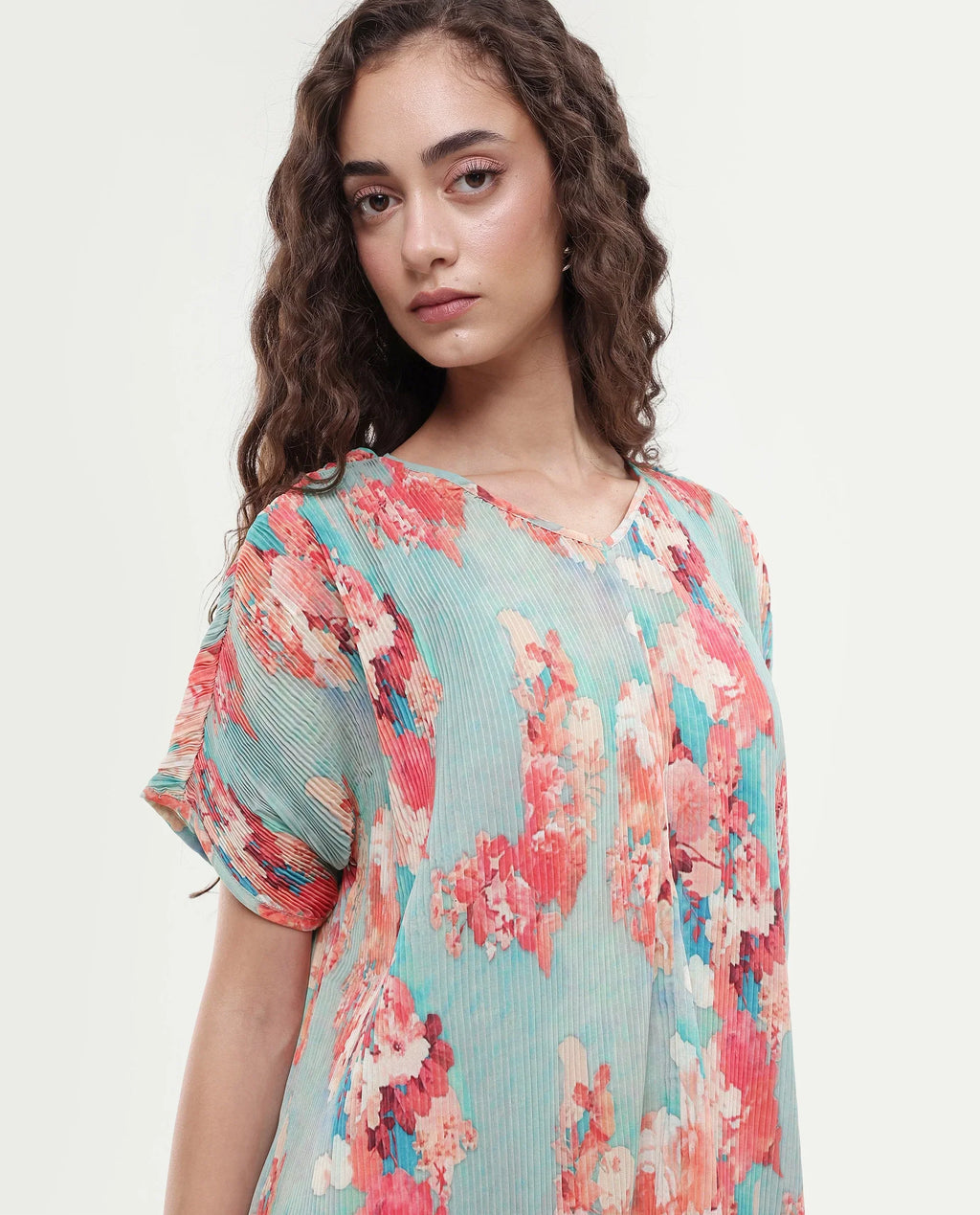 Rareism Women's Dellusion Multi Polyester Blend V-Neck Floral Print Extended Sleeves Mini Asymmetric Dress