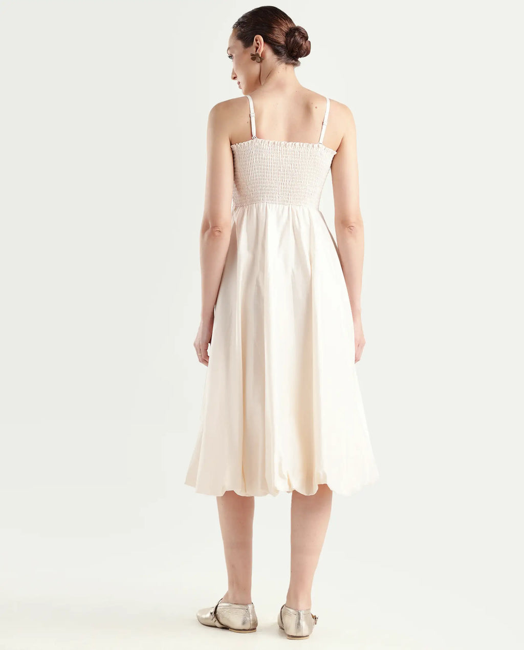 Rareism Women's Oligue Beige Cotton Shoulder Strap Plain Shoulder Strap Midi Fit And Flare Dress