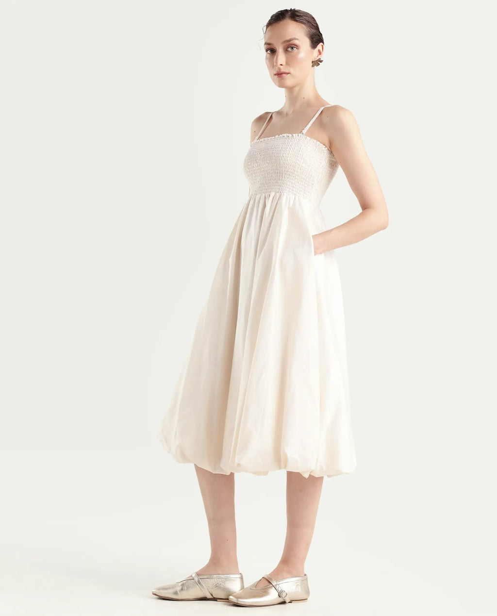 Rareism Women's Oligue Beige Cotton Shoulder Strap Plain Shoulder Strap Midi Fit And Flare Dress