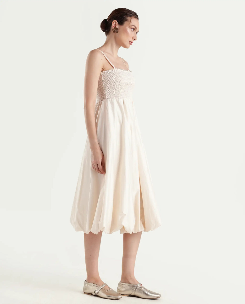 Rareism Women's Oligue Beige Cotton Shoulder Strap Plain Shoulder Strap Midi Fit And Flare Dress