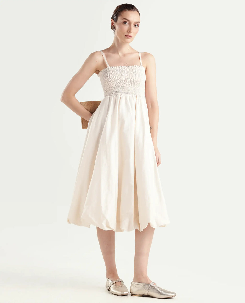 Rareism Women's Oligue Beige Cotton Shoulder Strap Plain Shoulder Strap Midi Fit And Flare Dress