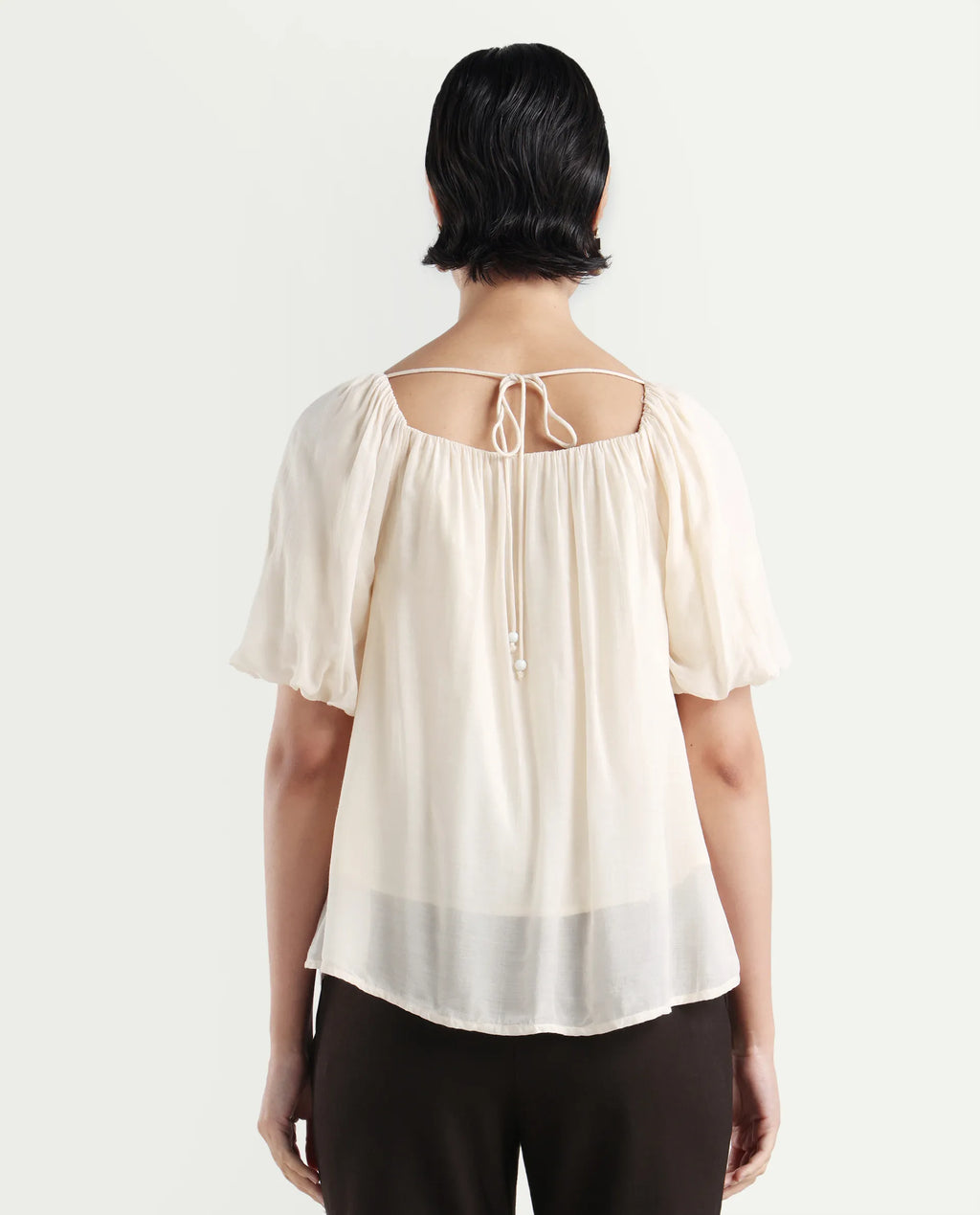 Rareism Women's Yelan Beige Square Neck Plain Balloon Sleeve Relaxed Fit Top