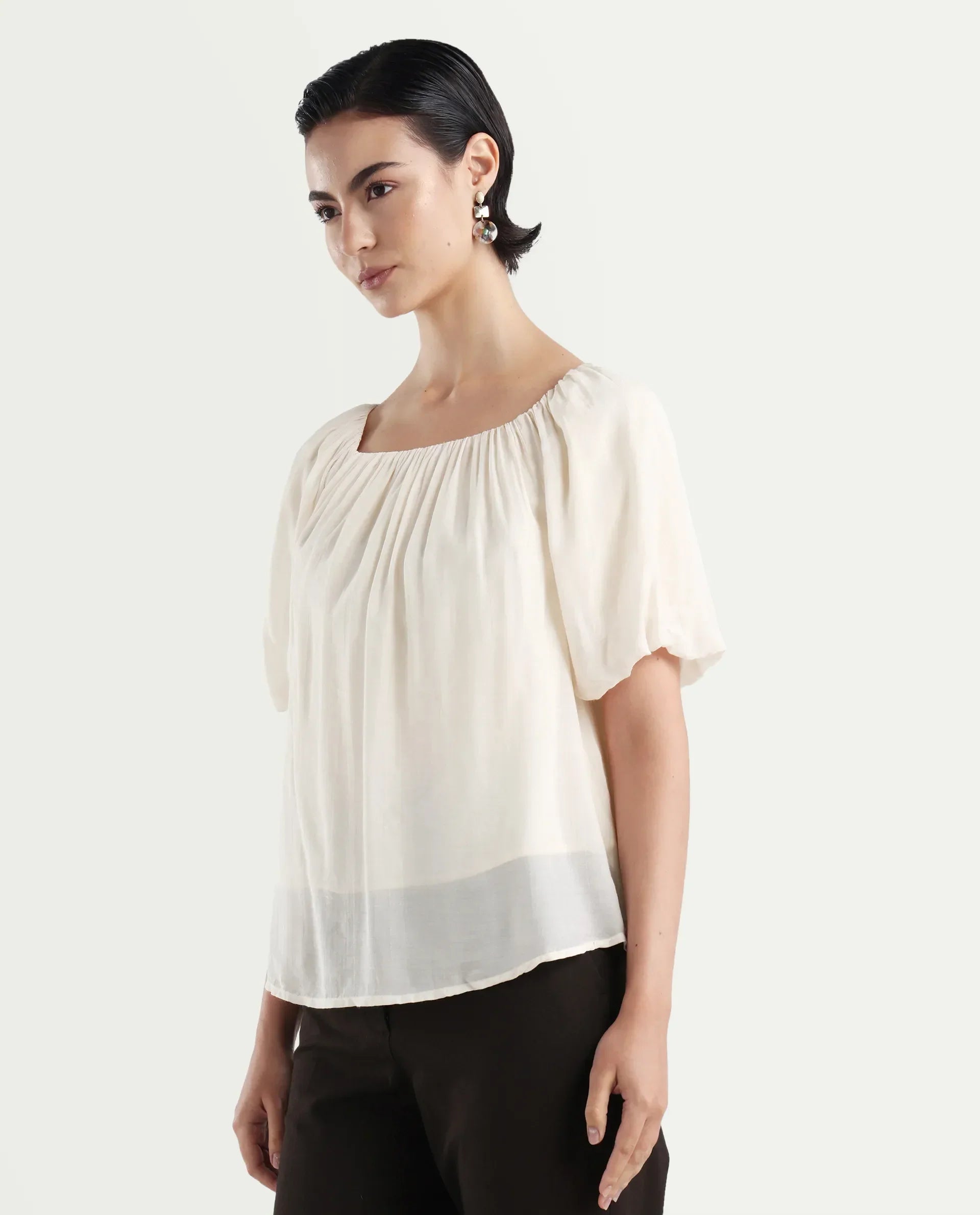 Rareism Women's Yelan Beige Square Neck Plain Balloon Sleeve Relaxed Fit Top