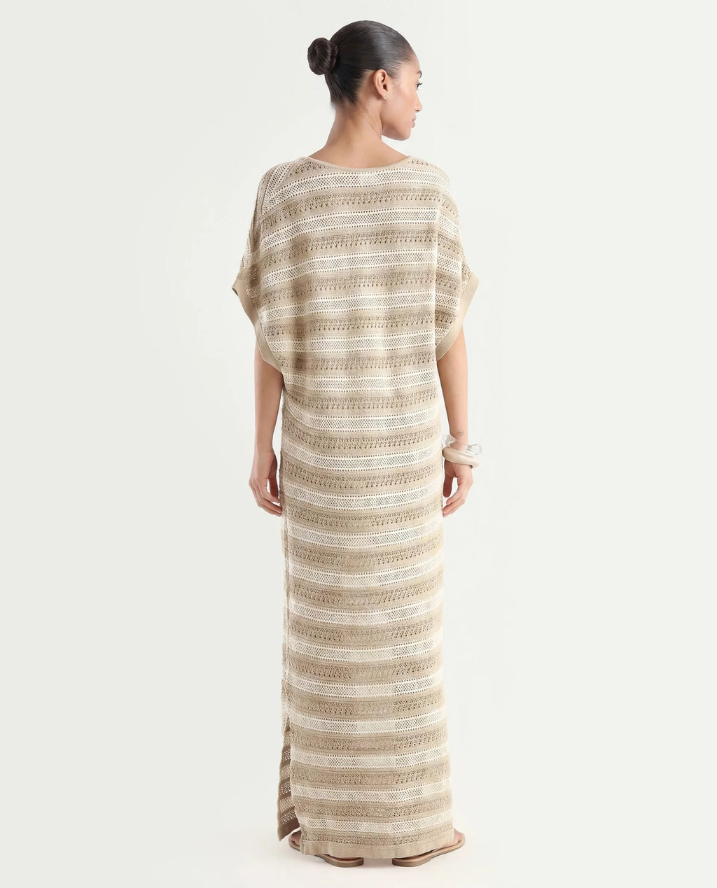 Rareism Women's Haraya Beige Cotton V-Neck Striped Extended Sleeves Maxi Relaxed Fit Dress