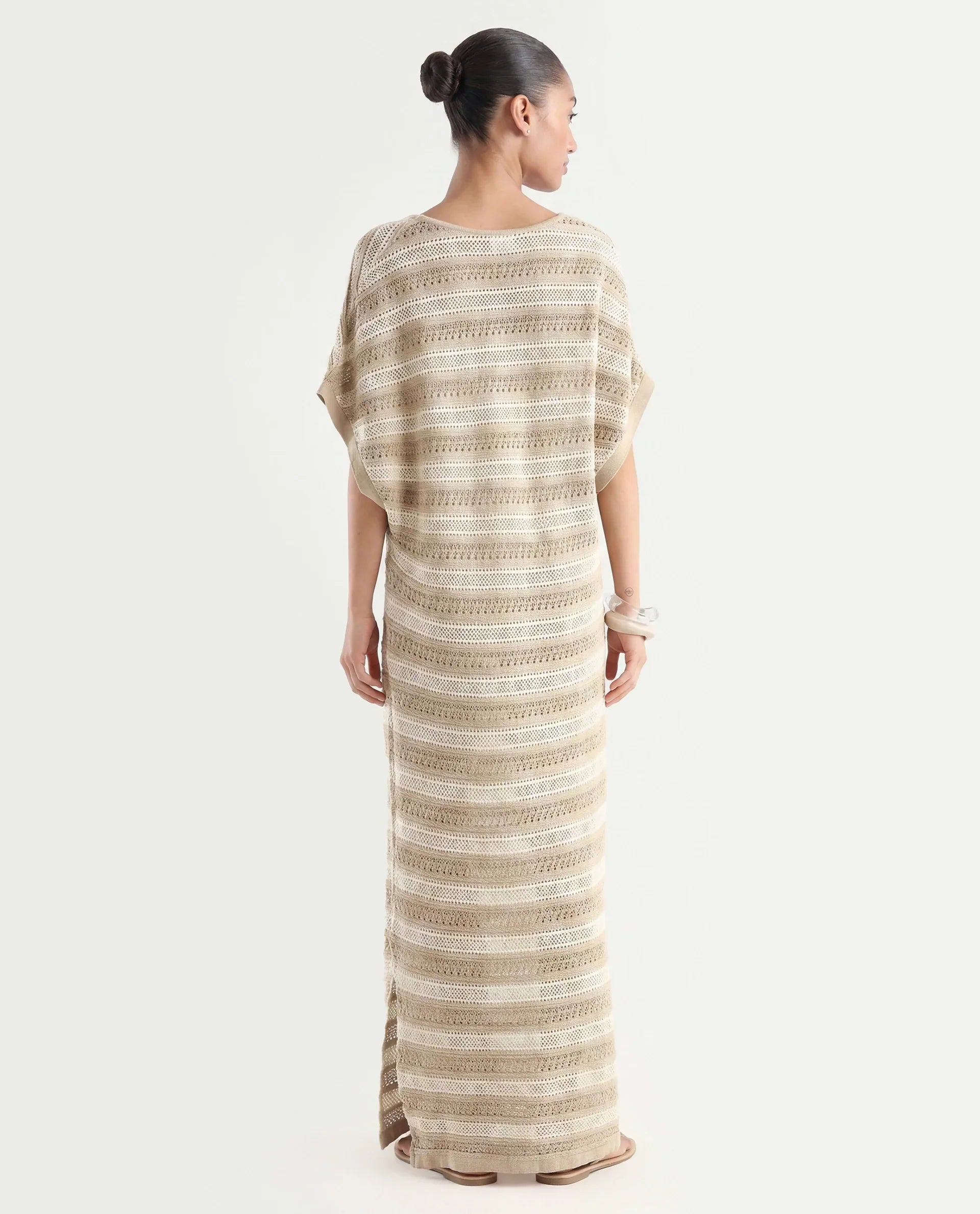 Rareism Women's Haraya Beige Cotton V-Neck Striped Extended Sleeves Maxi Relaxed Fit Dress