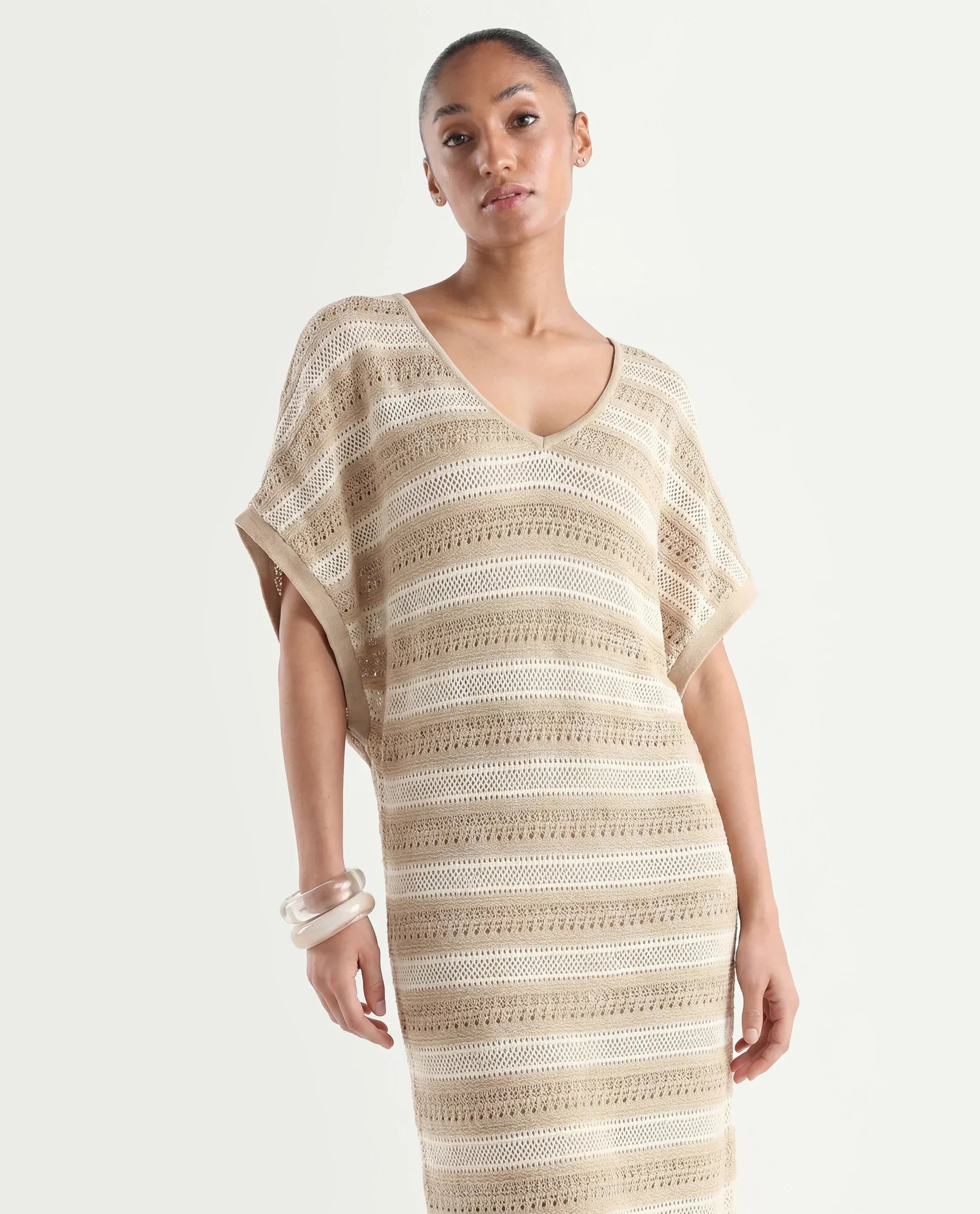 Rareism Women's Haraya Beige Cotton V-Neck Striped Extended Sleeves Maxi Relaxed Fit Dress
