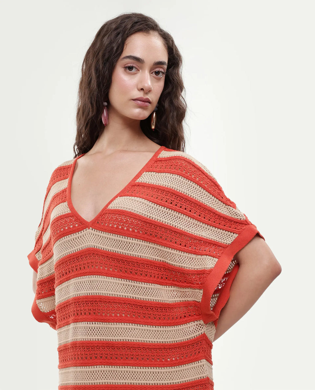 Rareism Women's Haraya Orange Cotton V-Neck Striped Extended Sleeves Maxi Relaxed Fit Dress