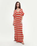 Rareism Women's Haraya Orange Cotton V-Neck Striped Extended Sleeves Maxi Relaxed Fit Dress