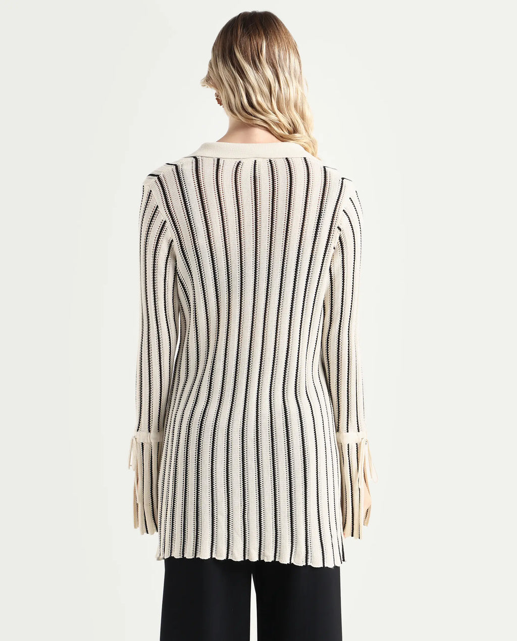 Rareism Women's Kentya White Viscose Johnny Collar Striped Regular Fit Shrug