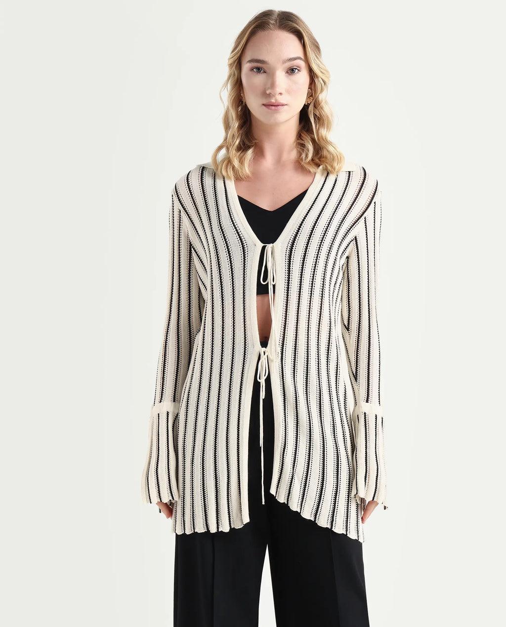 Rareism Women's Kentya White Viscose Johnny Collar Striped Regular Fit Shrug