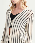 Rareism Women's Kentya White Viscose Johnny Collar Striped Regular Fit Shrug