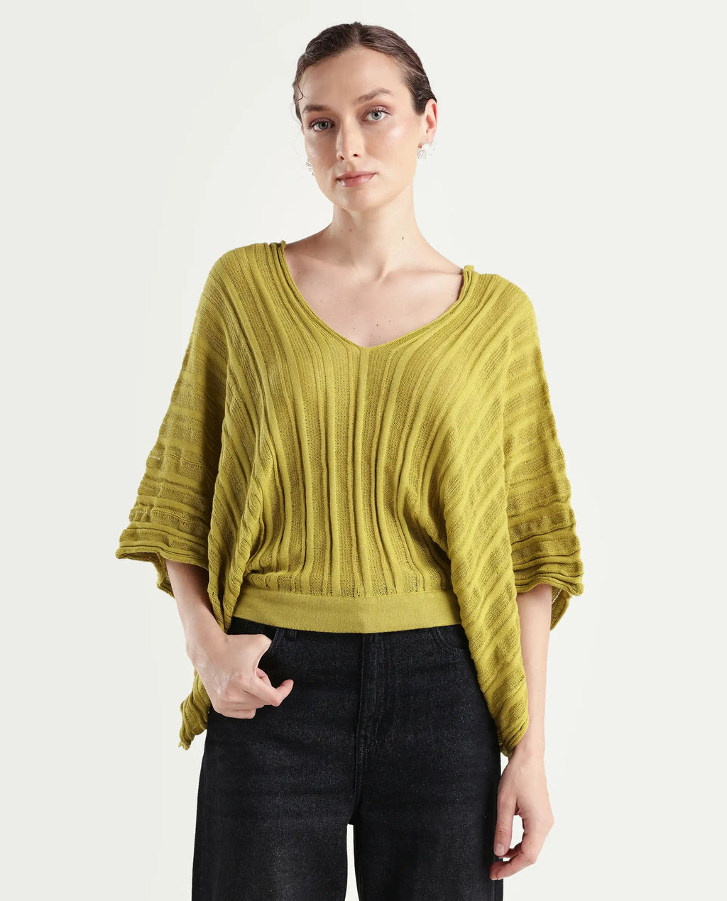 Rareism Women's Marida Olive Cotton V-Neck Plain Extended Sleeves Relaxed Fit Top