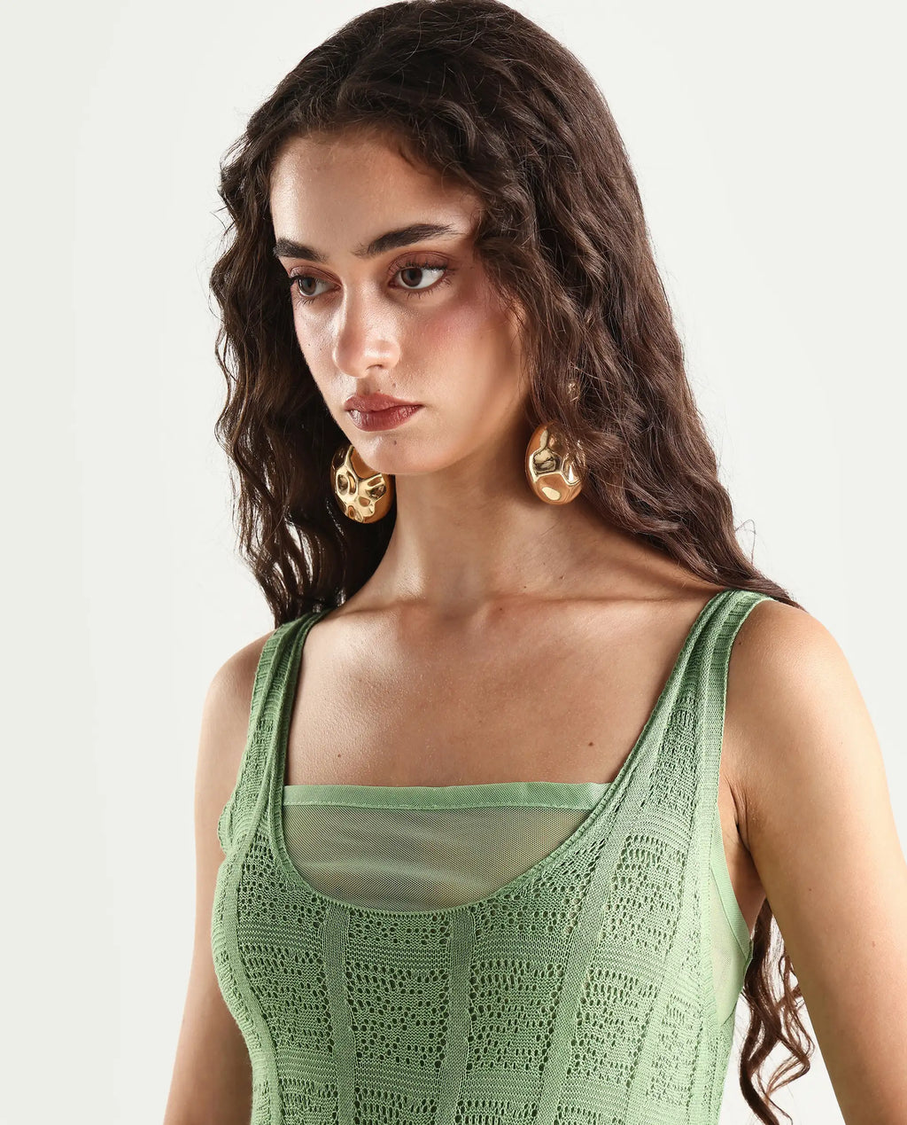 Rareism Women's Majoka Pastel Green Viscose U-Neck Plain Sleeveless Maxi Bodycon Dress
