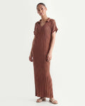 Rareism Women's Meyora Brown Cotton V-Neck Striped Maxi Relaxed Fit Dress