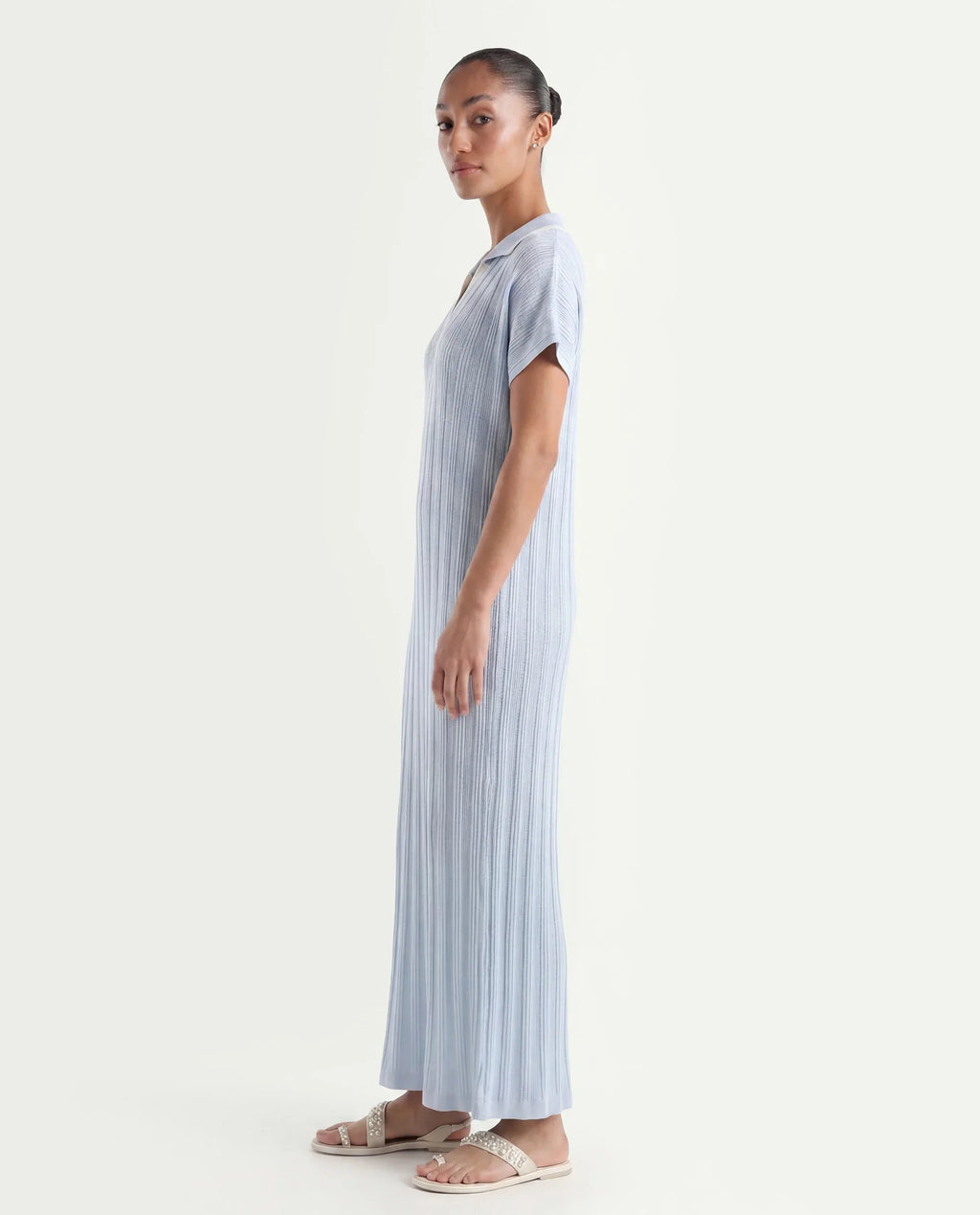 Rareism Women's Meyora Light Blue Cotton Johnny Collar Plain Extended Sleeves Maxi Bodycon Dress