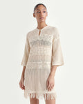 Rareism Women's Mitsuko Off White Cotton Key Hole Neck Plain Knee Length Relaxed Fit Dress