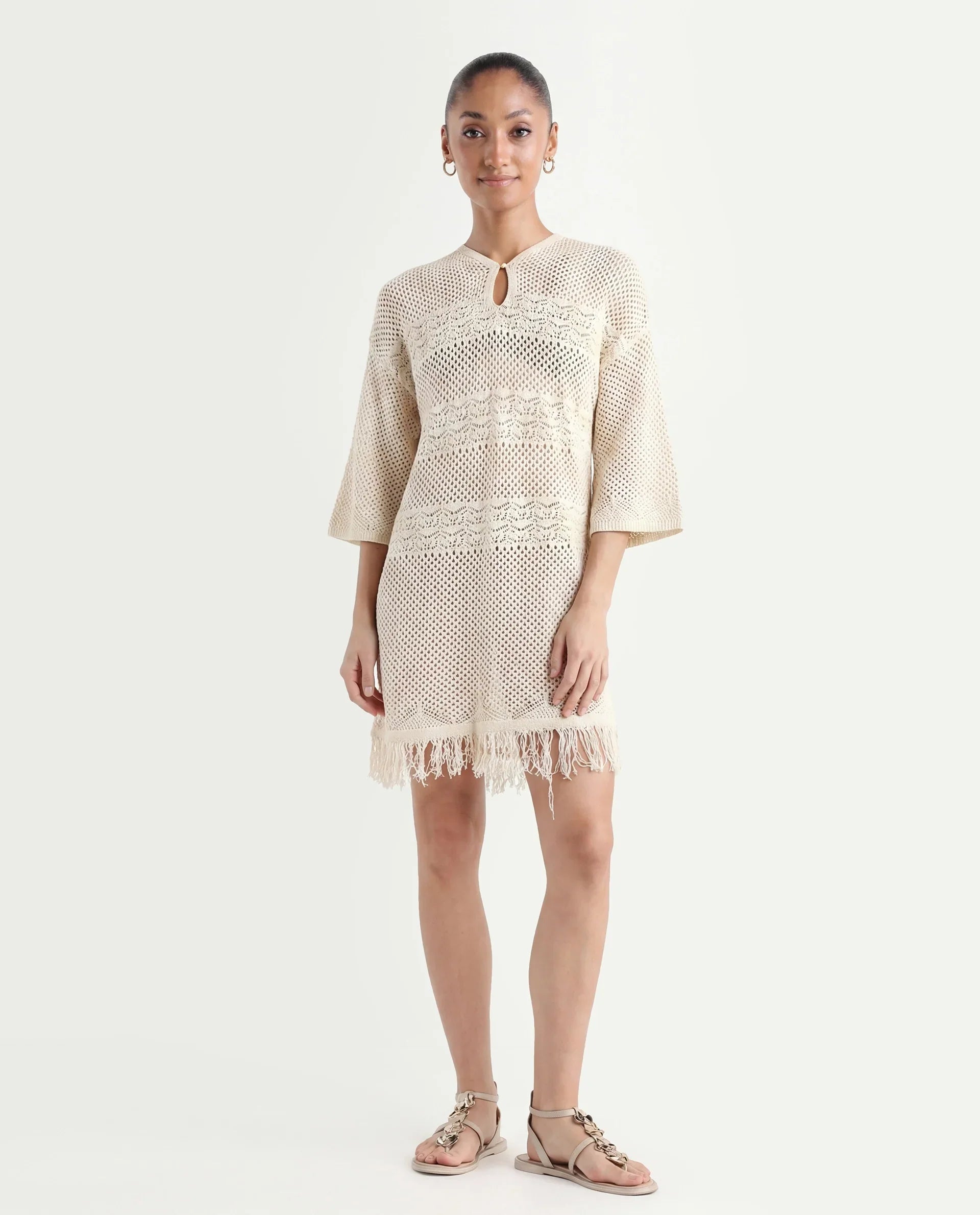 Rareism Women's Mitsuko Off White Cotton Key Hole Neck Plain Knee Length Relaxed Fit Dress