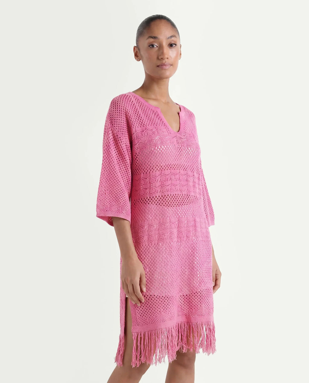 Rareism Women's Mitsuko Pink Cotton Key Hole Neck Plain Knee Length Relaxed Fit Dress
