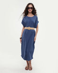 Rareism Women's Siriyo Dark Blue Cotton Crew Neck Plain Extended Sleeves Maxi Relaxed Fit Dress