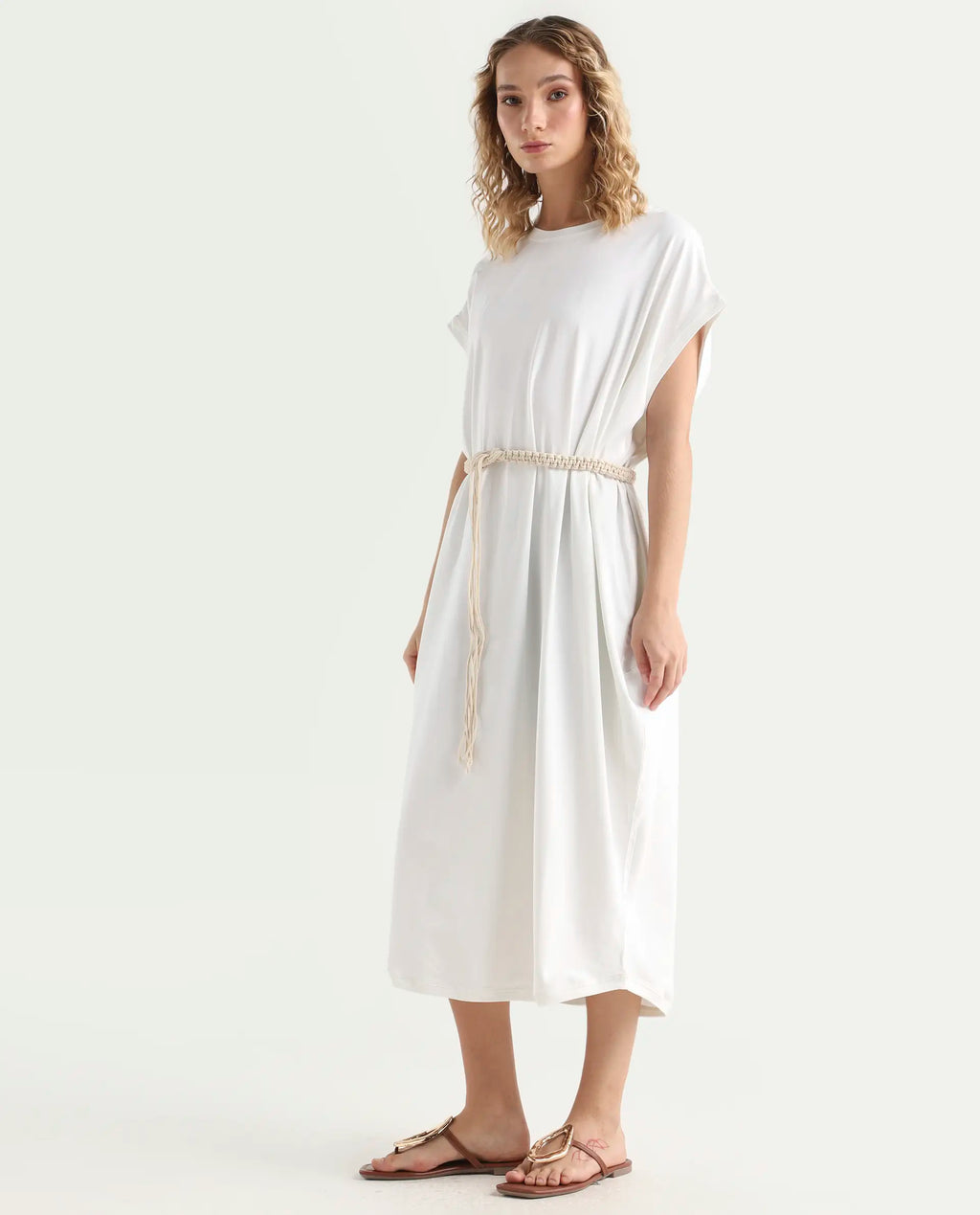 Rareism Women's Siriyo Off White Cotton Crew Neck Plain Extended Sleeves Midi Relaxed Fit Dress