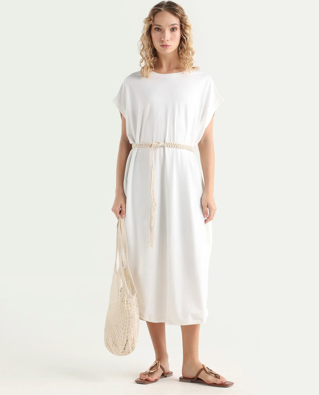 Rareism Women's Siriyo Off White Cotton Crew Neck Plain Extended Sleeves Midi Relaxed Fit Dress