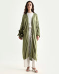 Rareism Women's Keya Pastel Green Cotton Collarless Plain Extended Sleeves Midi Relaxed Fit Shrug
