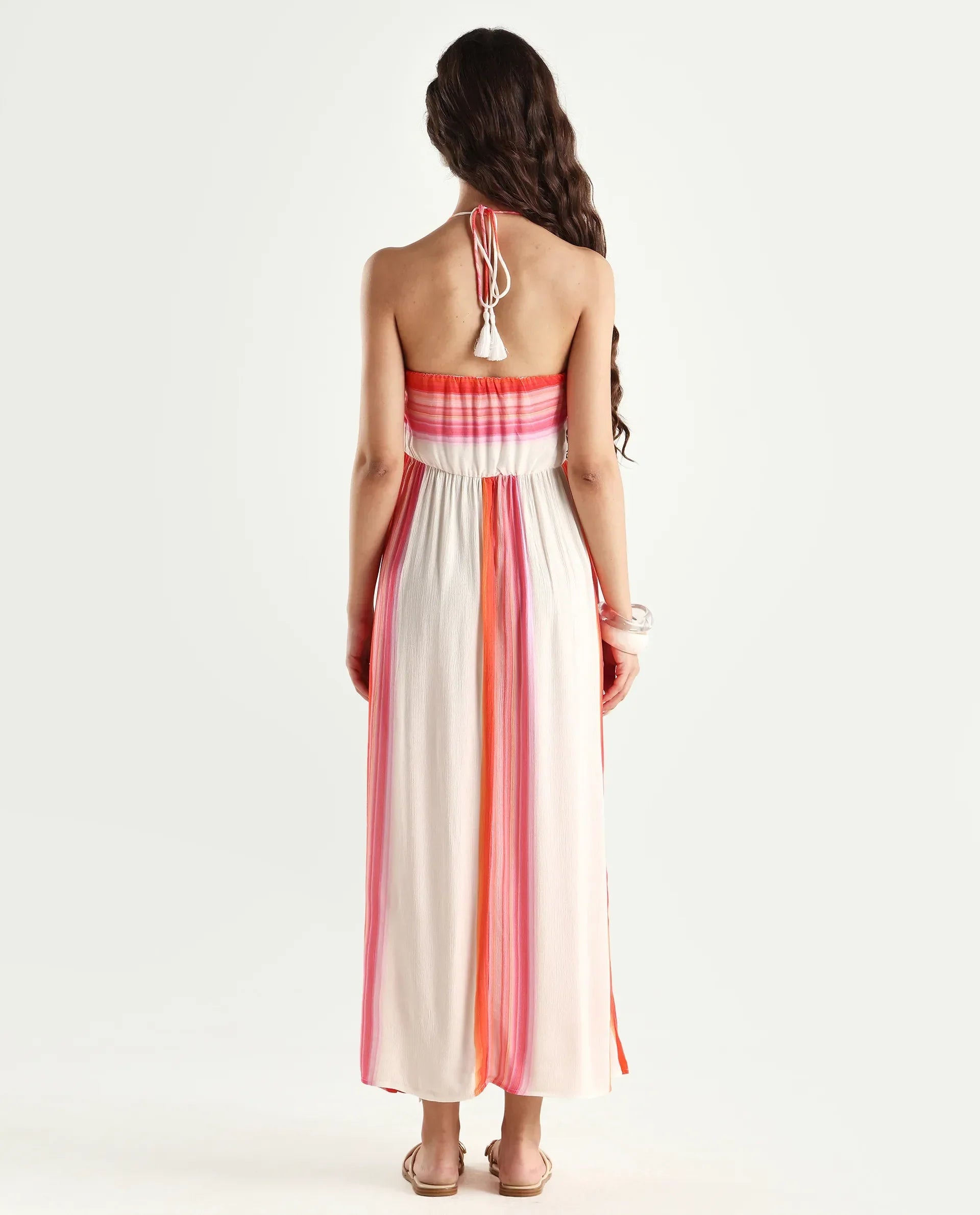 Rareism Women's Muse Multi Viscose Halter Neck Striped Sleeveless Maxi Fit And Flare Dress