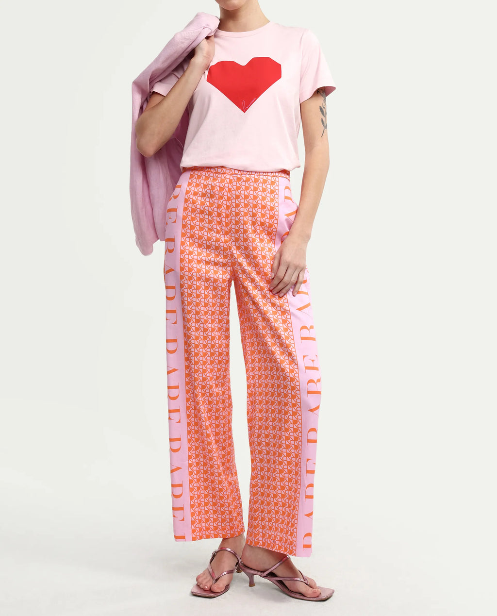 Rareism Women's Zyon-B Pink Cotton Monogram Print Ankle Length Straight Fit Trouser