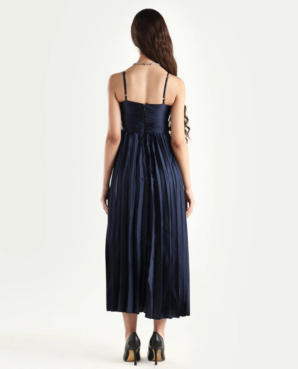 Rareism Women's Montreal Metallic Navy Shoulder Strap Plain Shoulder Strap Midi Fit And Flare Dress