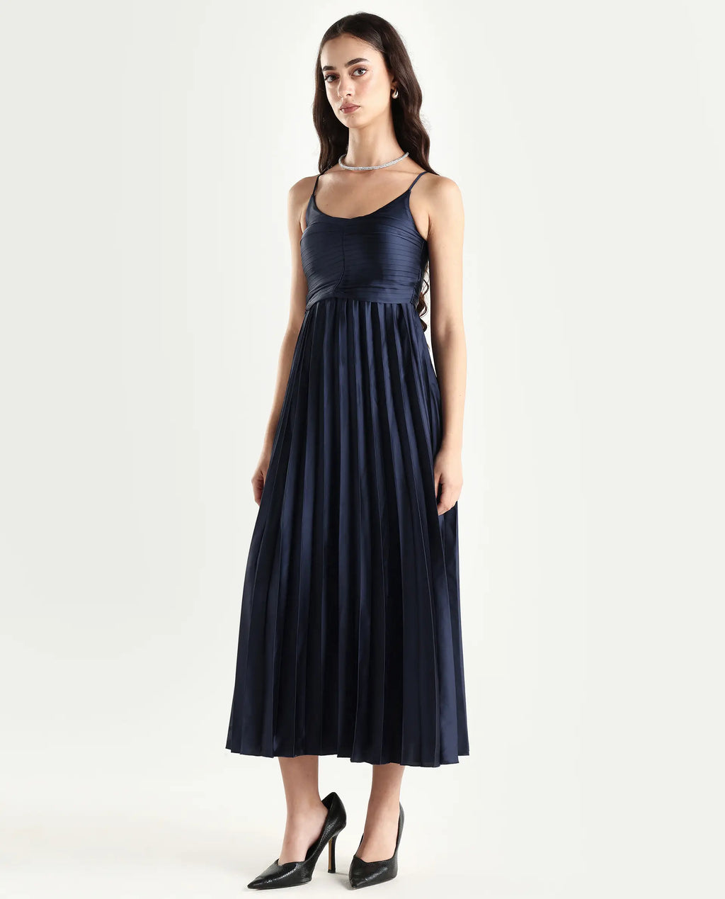 Rareism Women's Montreal Metallic Navy Shoulder Strap Plain Shoulder Strap Midi Fit And Flare Dress
