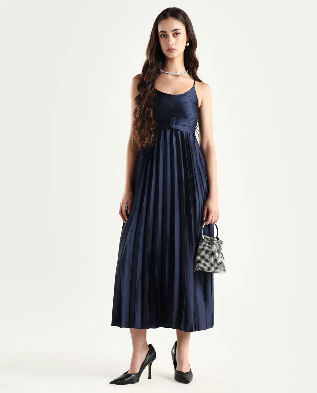 Rareism Women's Montreal Metallic Navy Shoulder Strap Plain Shoulder Strap Midi Fit And Flare Dress